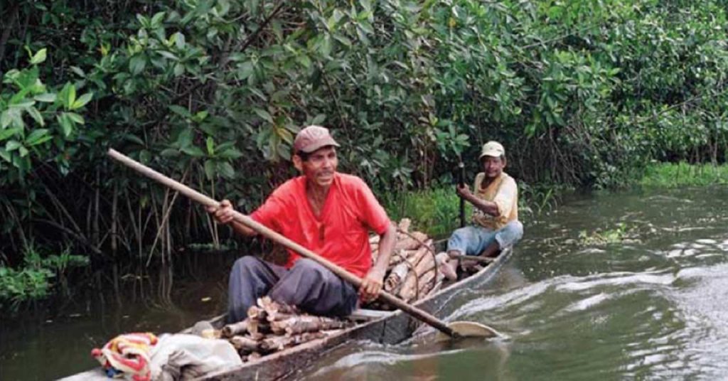 Dos lancheros navegan por La Mojana