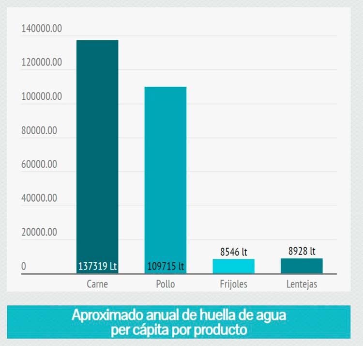 Huella de agua del consumo de carne de res, pollo, frijoles y lentejas