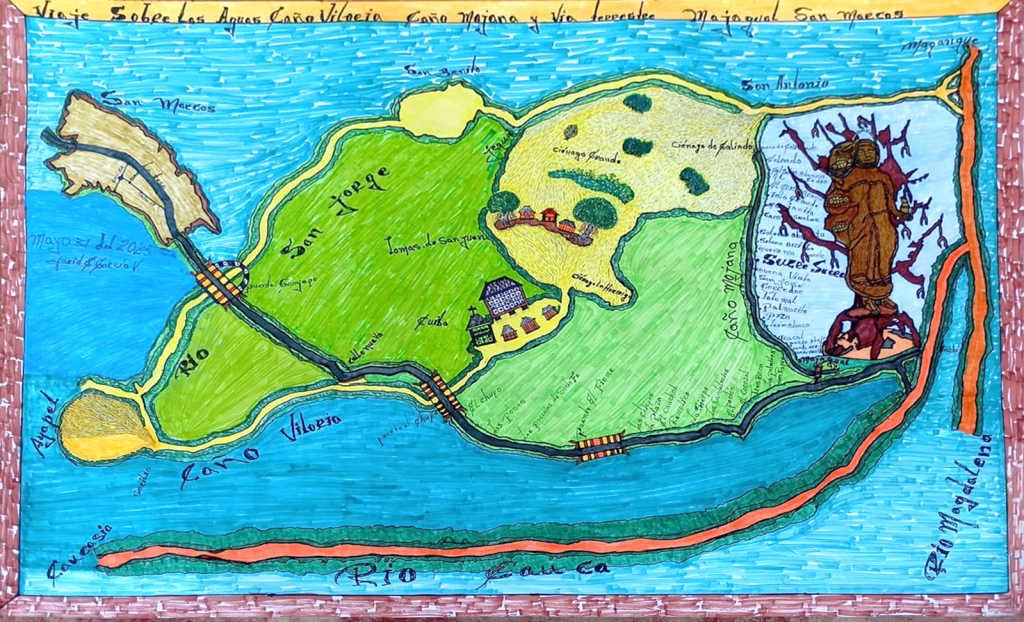 Uno de los mapas de Farid García que traza los trayectos por La Mojana.