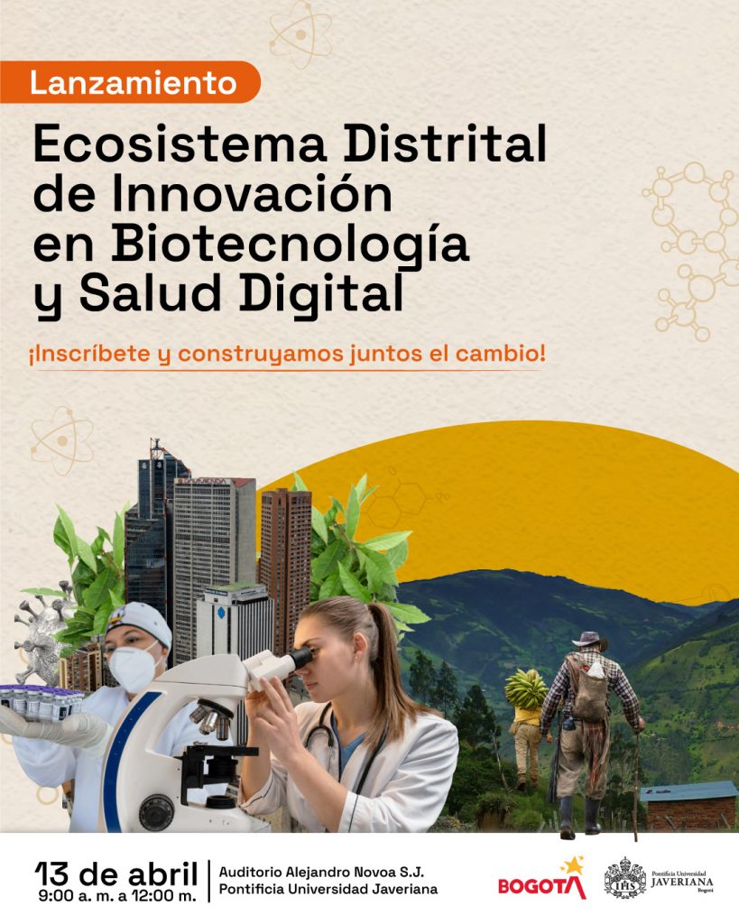 Pieza gráfica del lanzamiento del ecosistema de innovación en biotecnología y salud digital con fecha, lugar y representación de ciudad, ciencia y territorio