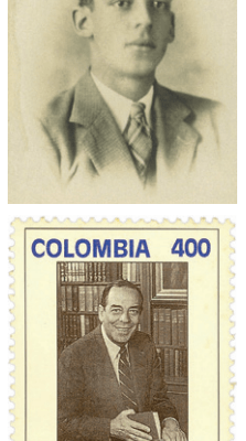 Arriba Foto del registro académico de Álvaro Gómez Hurtado, en 1937, en la Facultad de Ciencias Económicas y Jurídicas. Foto del Archivo Histórico Javeriano. Abajo Estampilla emitida por el gobierno colombiano para rendirle homenaje a Álvaro Gómez Hurtado.